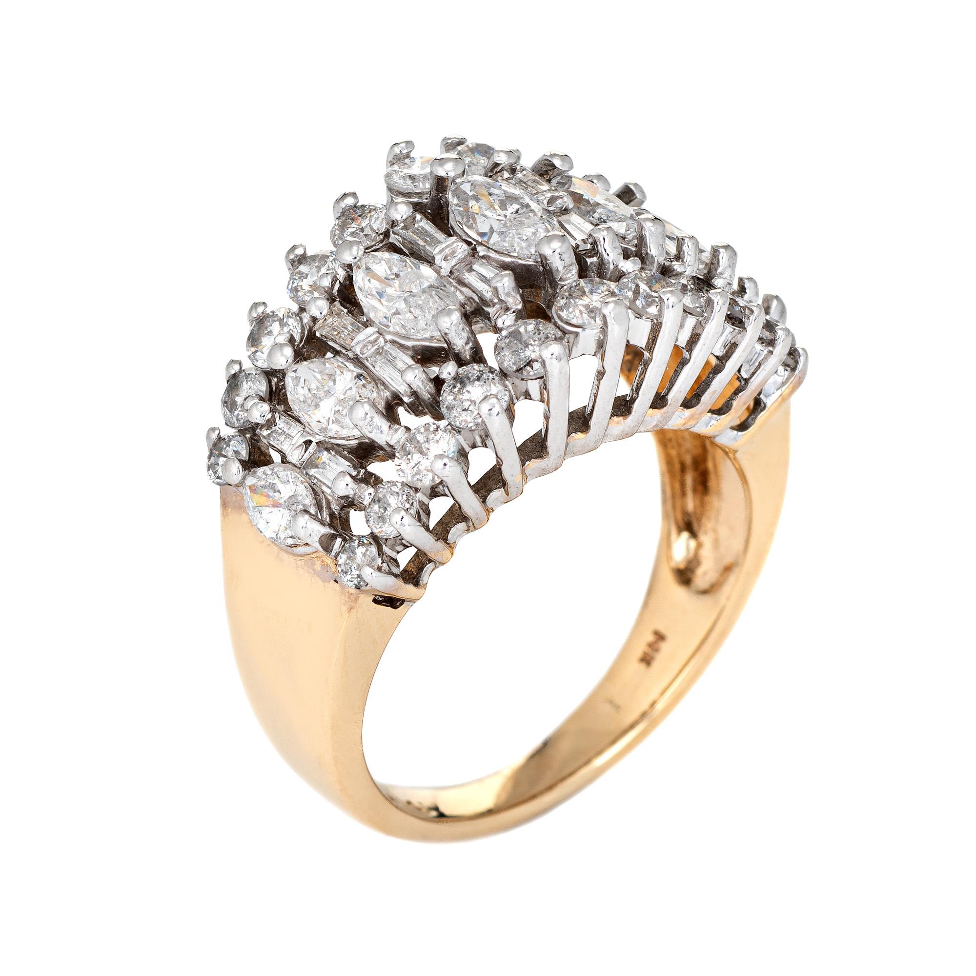 Stylish vintage mixed cut diamond cocktail ring (circa 1980s to 1990s) crafted in 14 karat yellow gold. 

Mixed cut diamonds (marquise, baguette & round brilliant) total an estimated 1.80 carats (estimated at I-J color and SI1-I1 clarity). 

The
