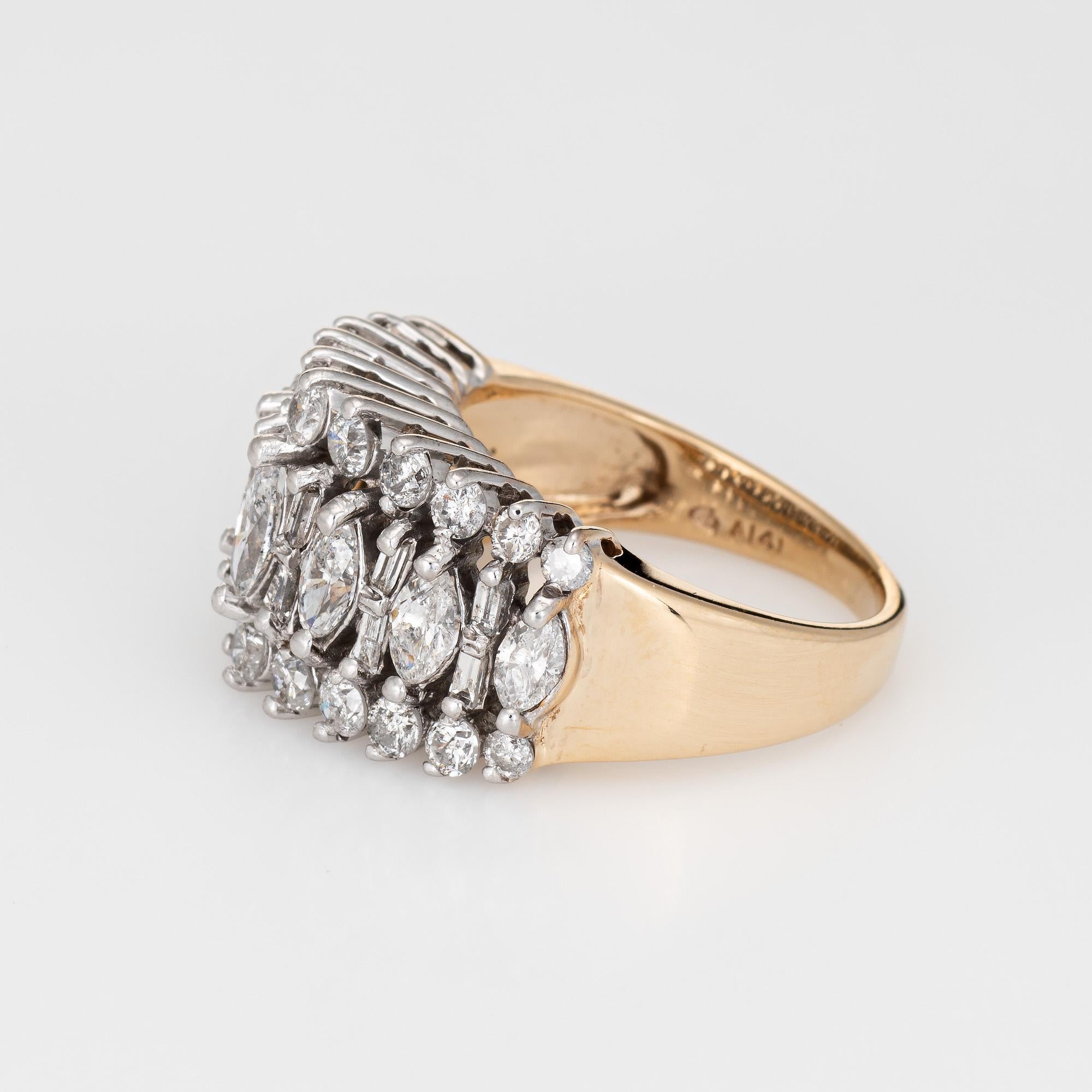Modern 1.80 Carat Mixed Cut Diamond Ring Vintage 14 Karat Gold 3-Row Dome Jewelry
