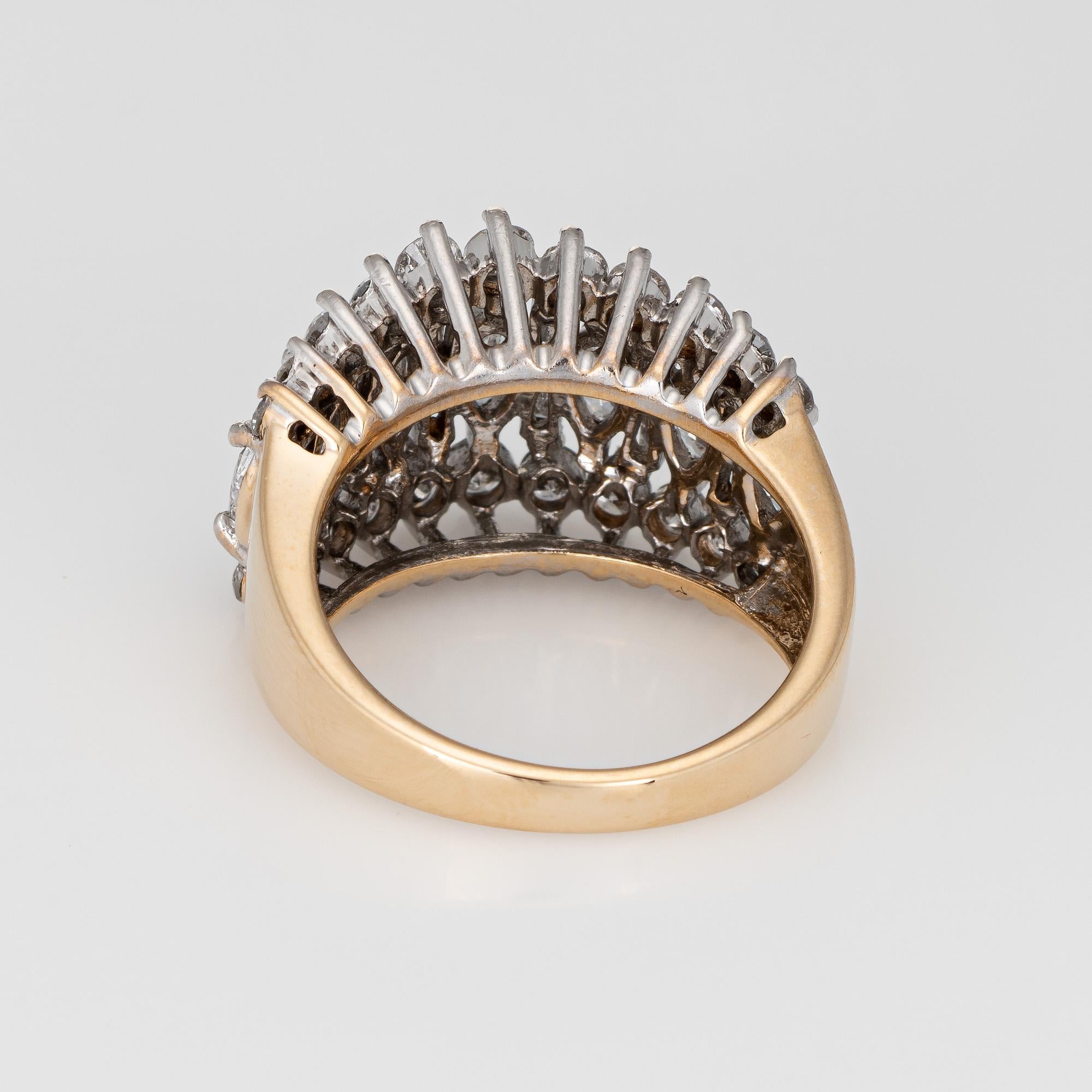 1.80 Carat Mixed Cut Diamond Ring Vintage 14 Karat Gold 3-Row Dome Jewelry In Good Condition In Torrance, CA