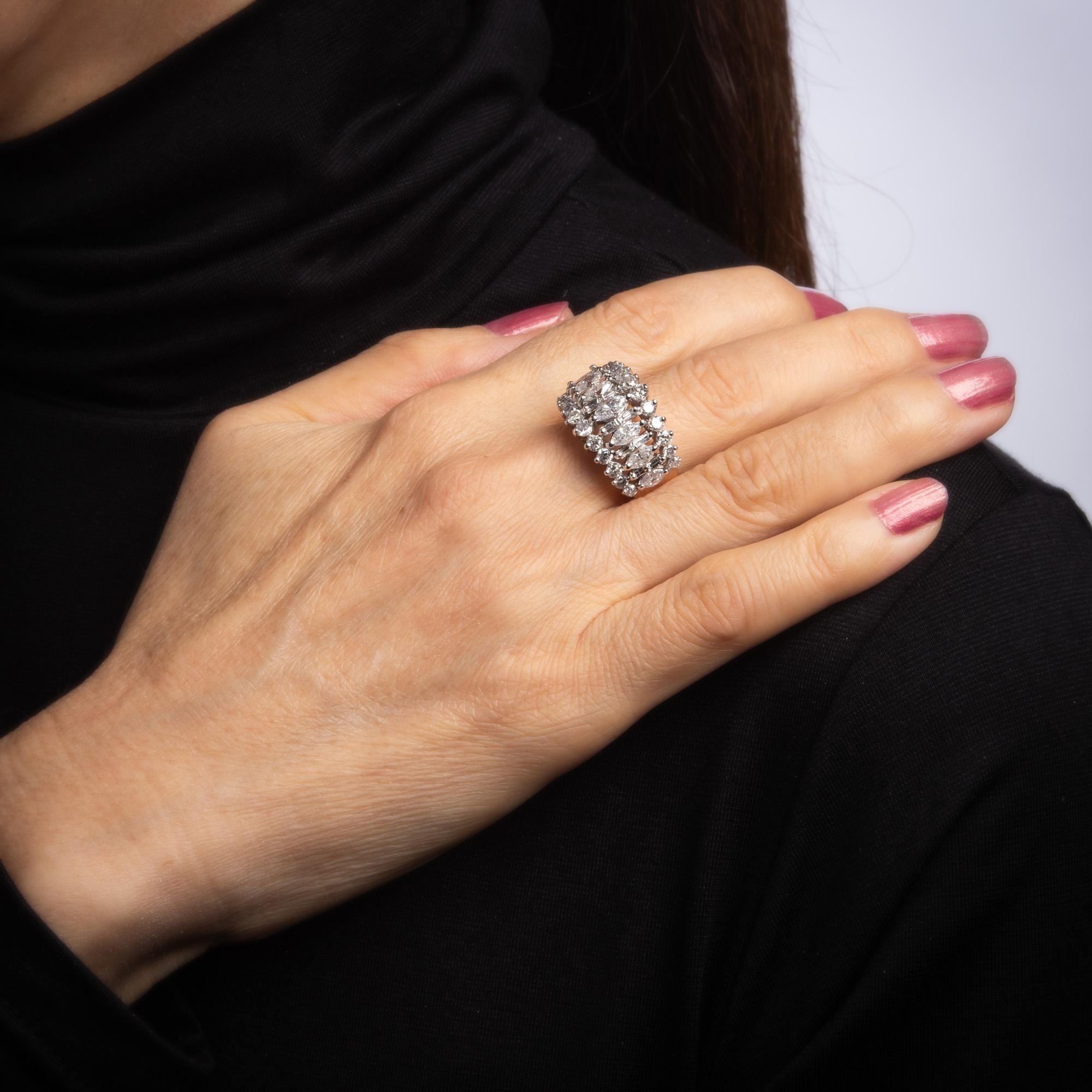 Women's 1.80 Carat Mixed Cut Diamond Ring Vintage 14 Karat Gold 3-Row Dome Jewelry