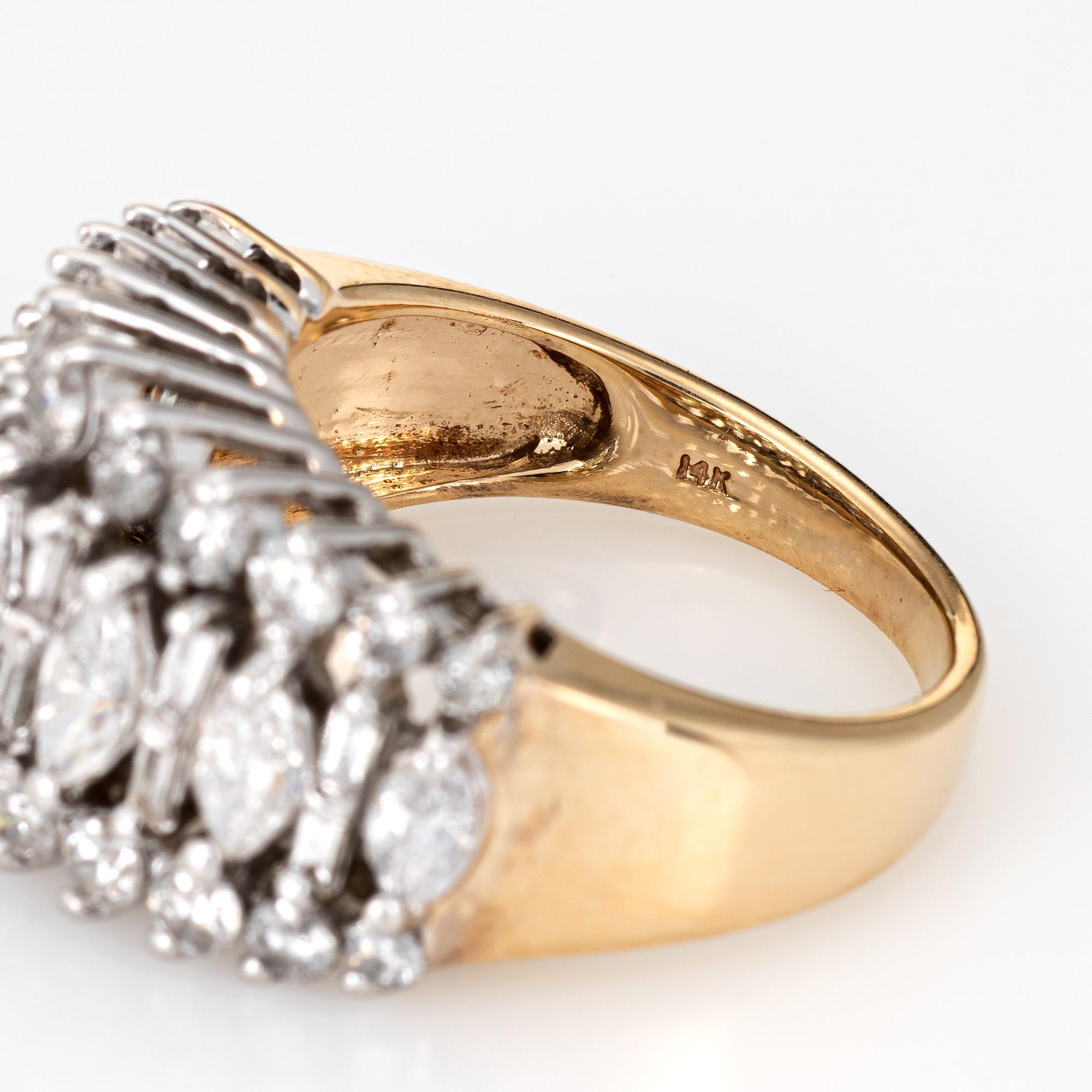 1.80 Carat Mixed Cut Diamond Ring Vintage 14 Karat Gold 3-Row Dome Jewelry 1