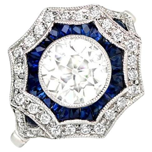 1.80 Carat Old Euro-Cut Diamond Engagement Ring, VS1 Clarity, Sapphire Halo For Sale