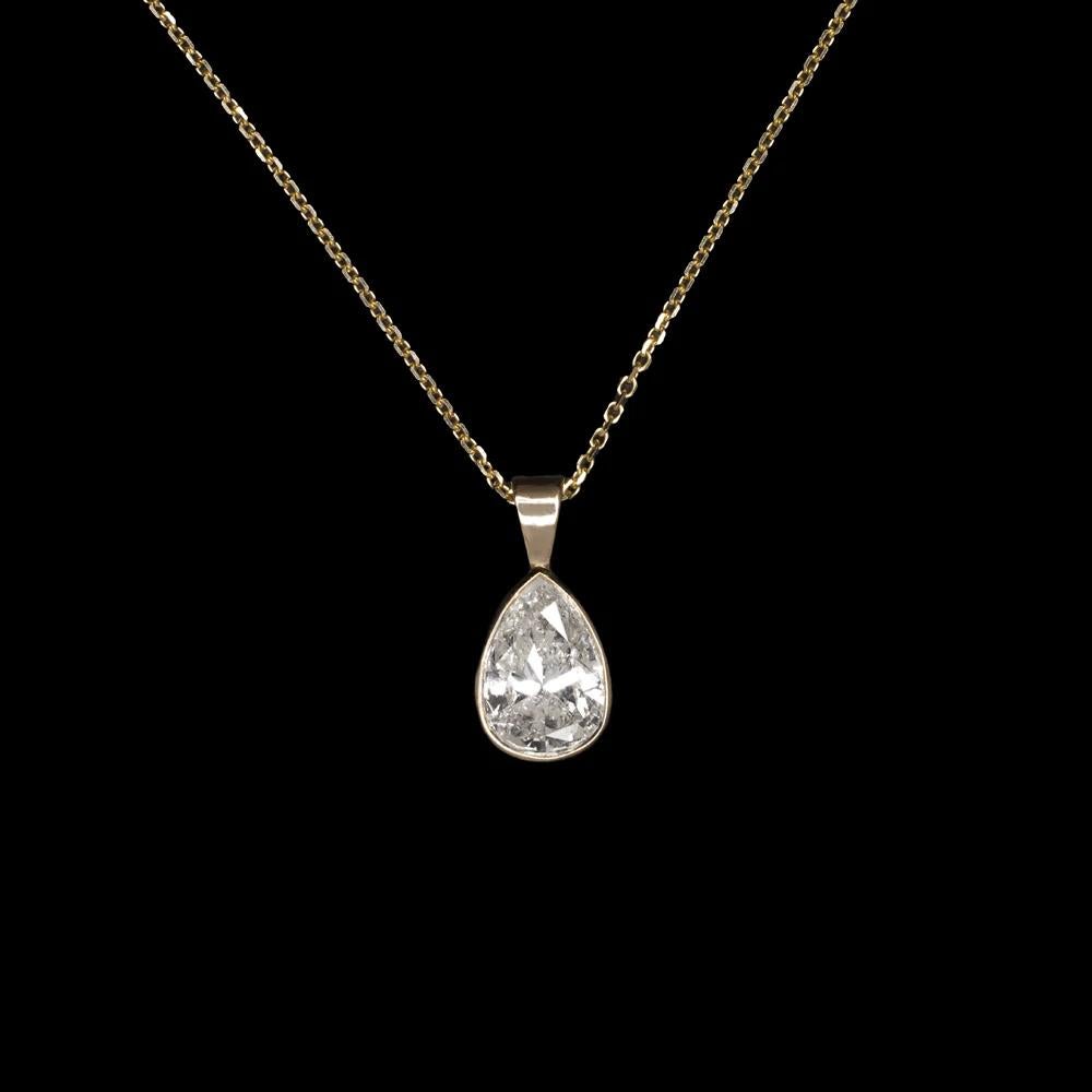 Pear Cut Pear Shape Natural Diamond 14K Yellow Gold Bezel Pendant Necklace  For Sale