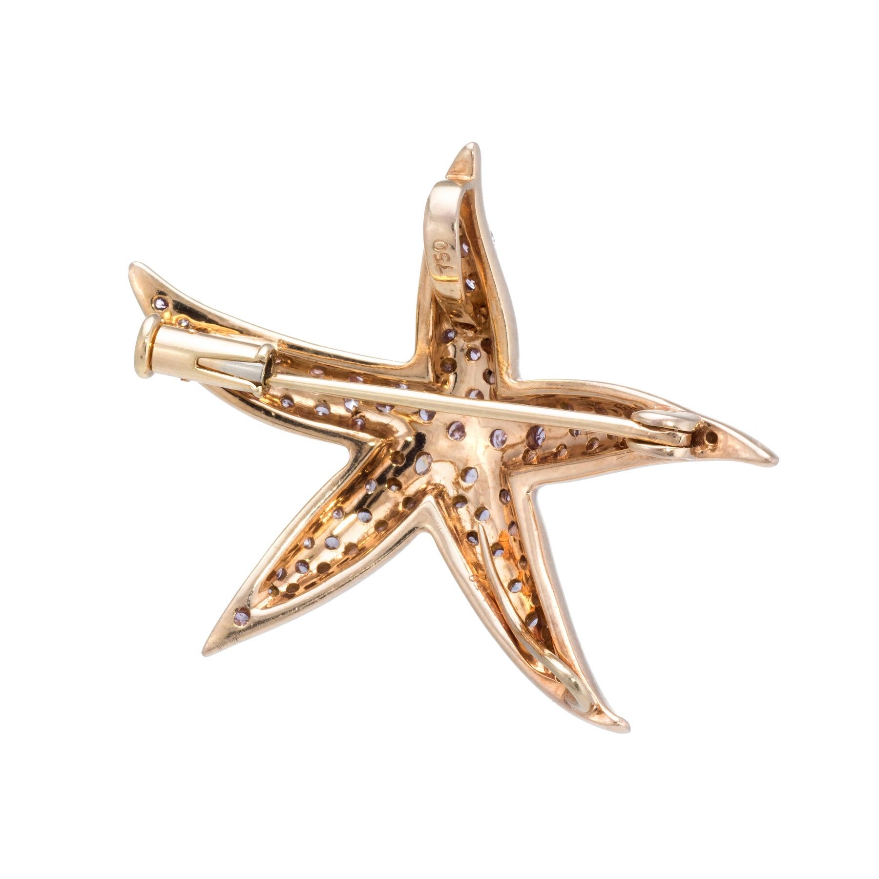 Finely detailed starfish pendant/brooch, crafted in 18 karat rose gold. 

Ninety full cut round diamonds, total weight approx. 1.80 carats, light pink color, VS-SI clarities, good cuts.

The pendant is in excellent original condition.