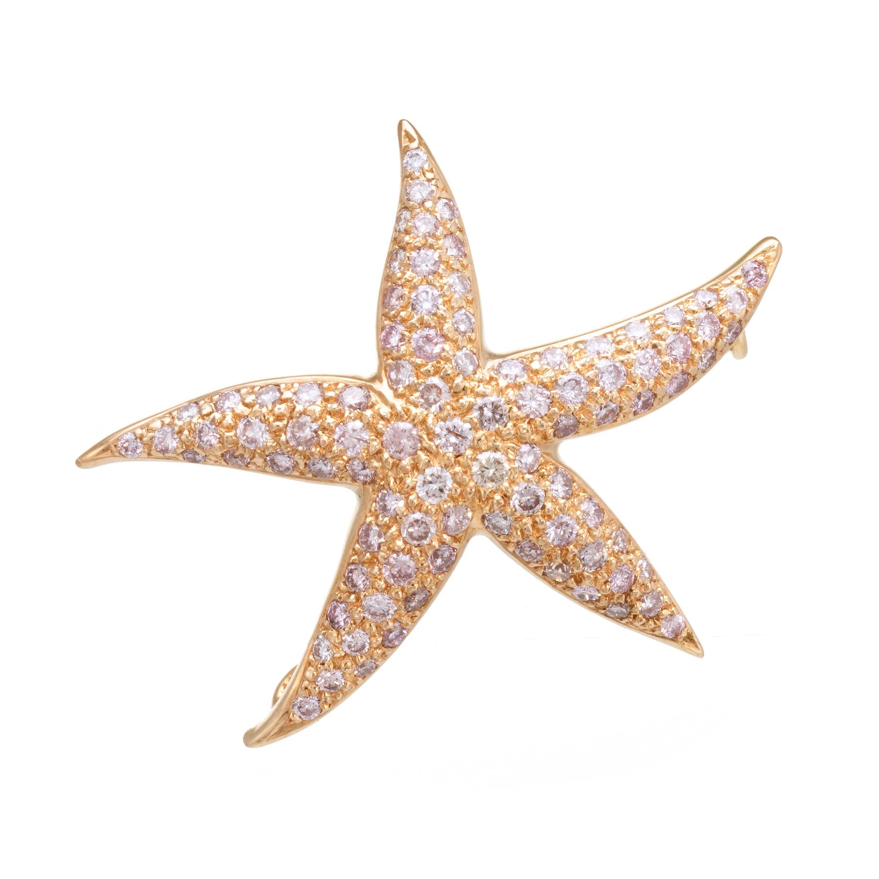 Modern 1.80ct Pink Diamond Starfish Pendant Brooch Estate 18k Rose Gold Fine Jewelry For Sale