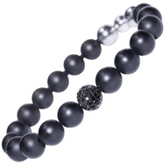 Bracelet de perles pour hommes en acier et agate noire en or 18 carats avec diamants ronds de 1,80 carat et diamants taille G/VS