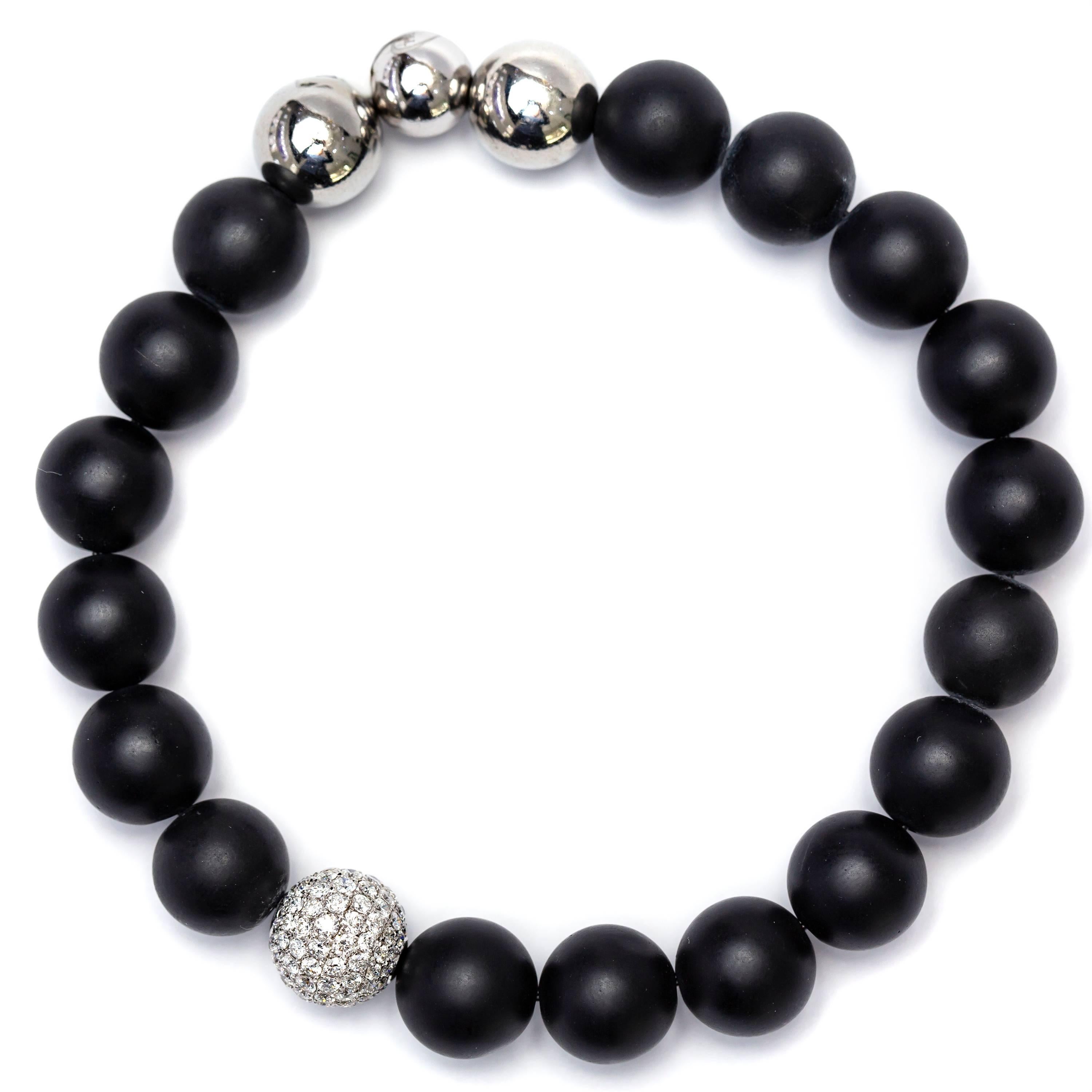The Original Tresor Paris Bracelet Bespoke from the Jubilée collection featuring one Pave set diamond bead in 18 Karat White Gold, 3 stainless steel beads and 17 matte Black satin agate beads. Size will fit from 7.00 to 8.50 inches (17.78 cm to