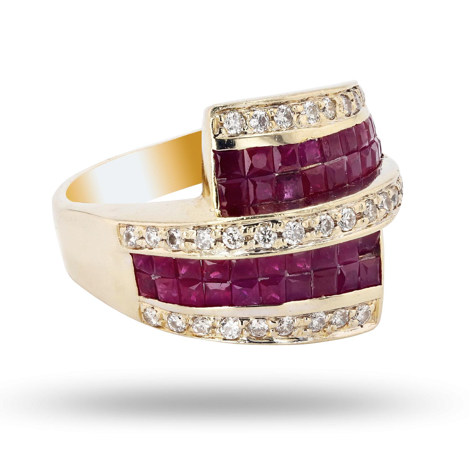 One polished, stamped, and tested 14K yellow gold ring with a bright finish. The ring is mounted with: 40 genuine faceted rubies weighing approximately 1.80 carats, and 33 genuine round diamonds weighing approximately 0.50 carats. This item weighs