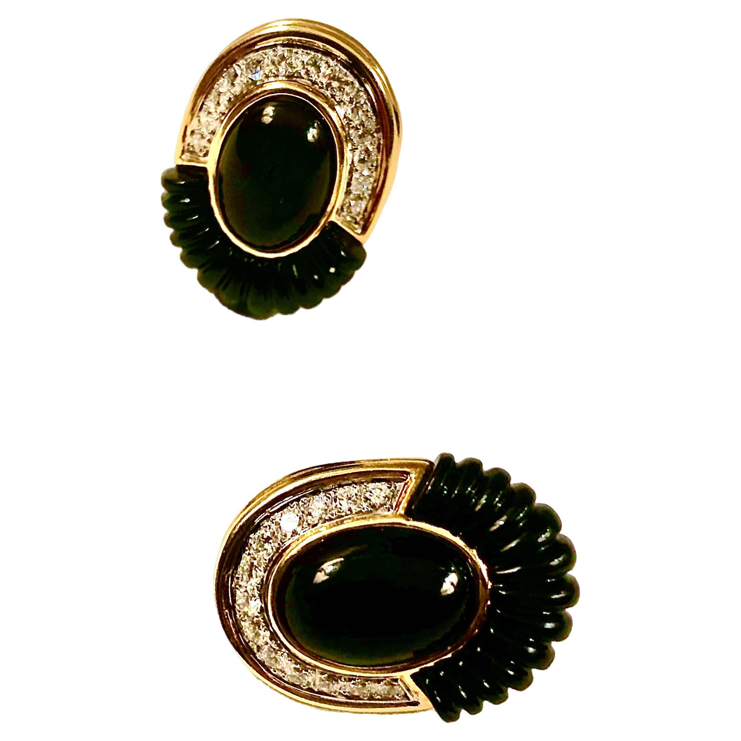 ﻿Handsome and chic large clip earrings in a timeless and simple style which frame the face perfectly. These earrings are evocative of mid century Cartier designs of the 1970’s and beyond.

The beautifully carved fluted black onyx elements are