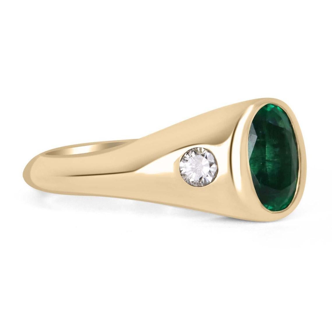 Displayed is a classic Top vivid green emerald & diamond three stone men's ring in 14K yellow gold. This solitaire ring carries an emerald in a secure bezel setting. Fully faceted, this gemstone showcases excellent shine and brilliance. The emerald