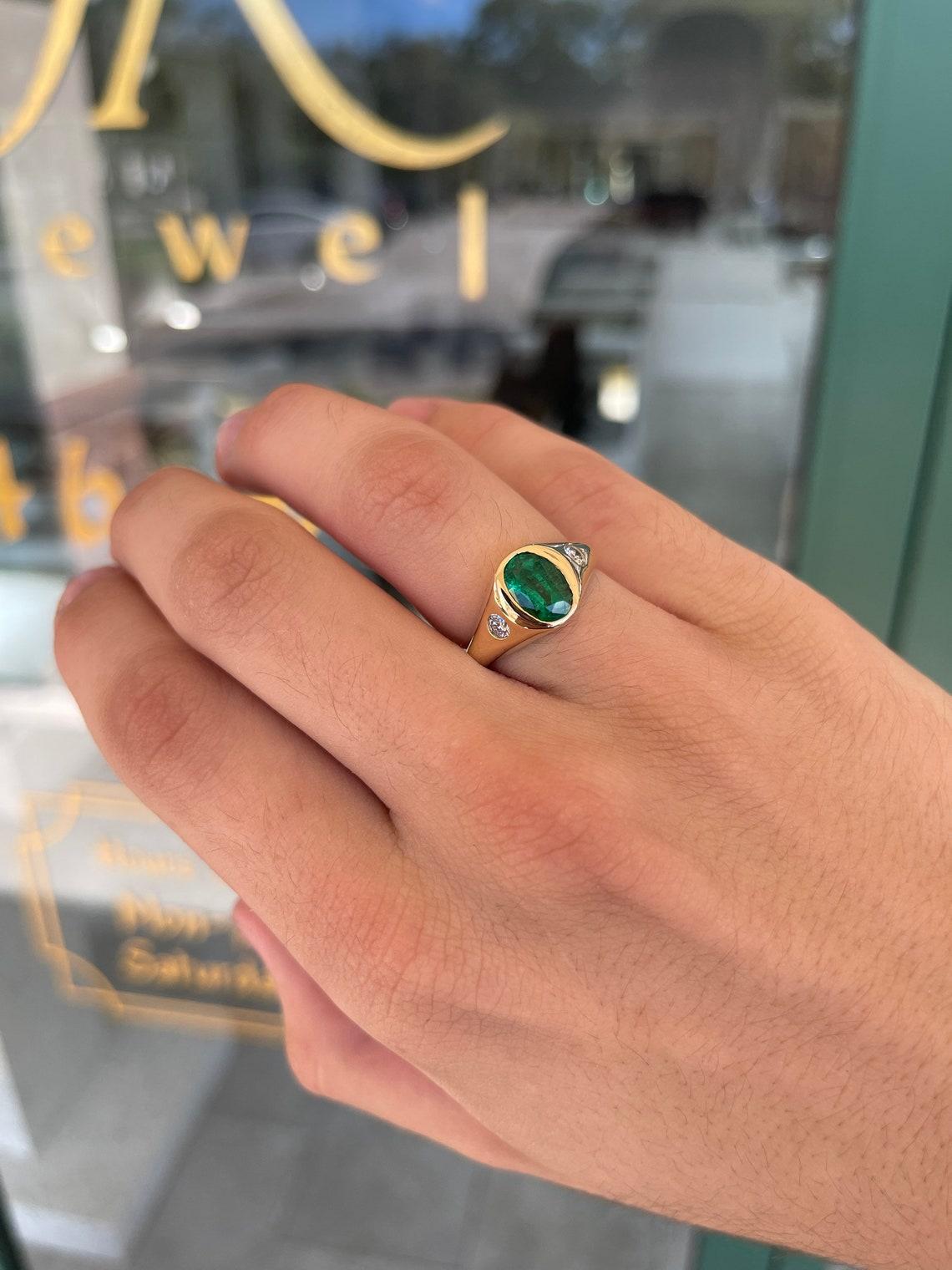 Oval Cut 2.21tcw 14K Dark Fine Quality Emerald Oval & Diamond Three Stone Unisex Ring For Sale