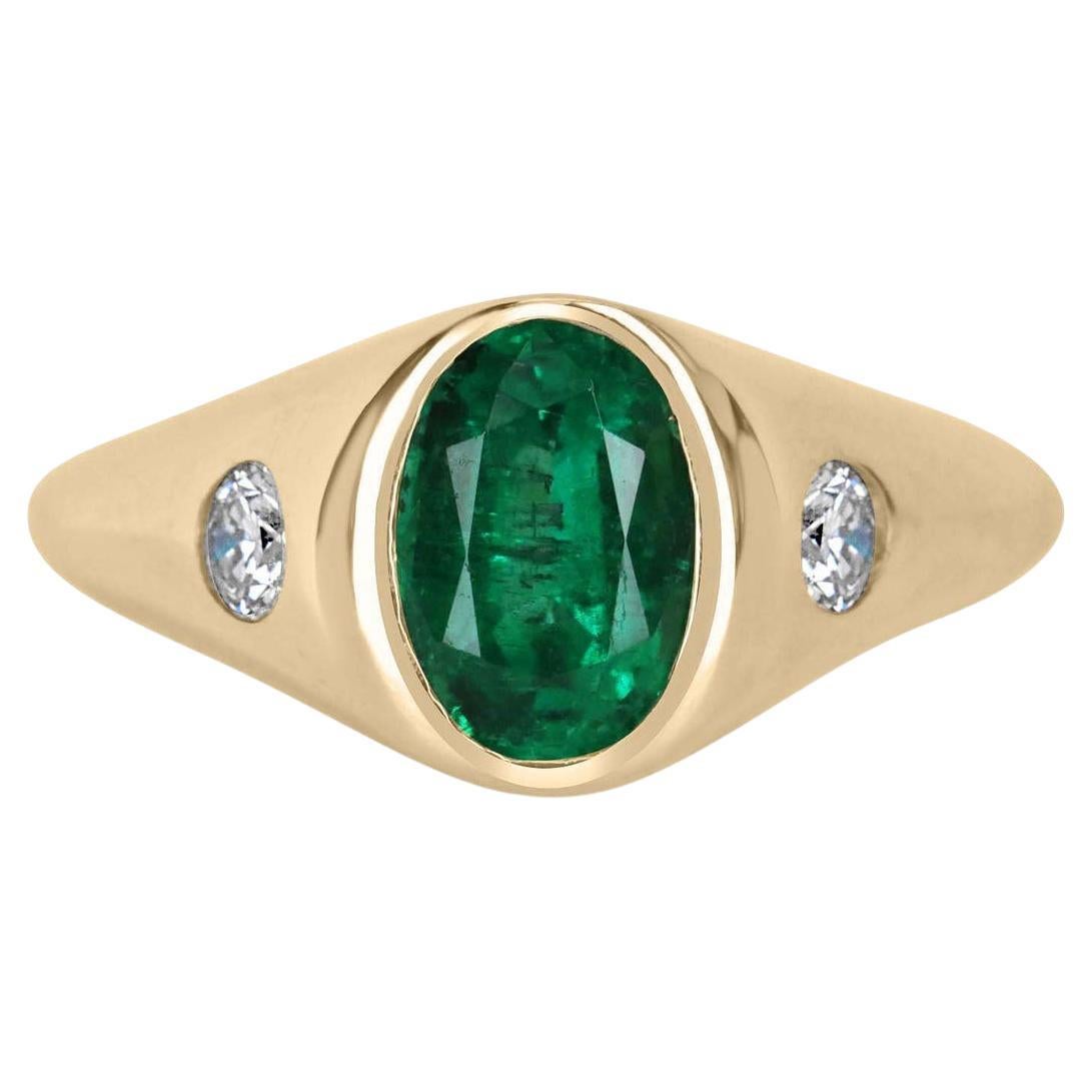 2.21tcw 14K Dark Fine Quality Emerald Oval & Diamond Three Stone Unisex Ring For Sale