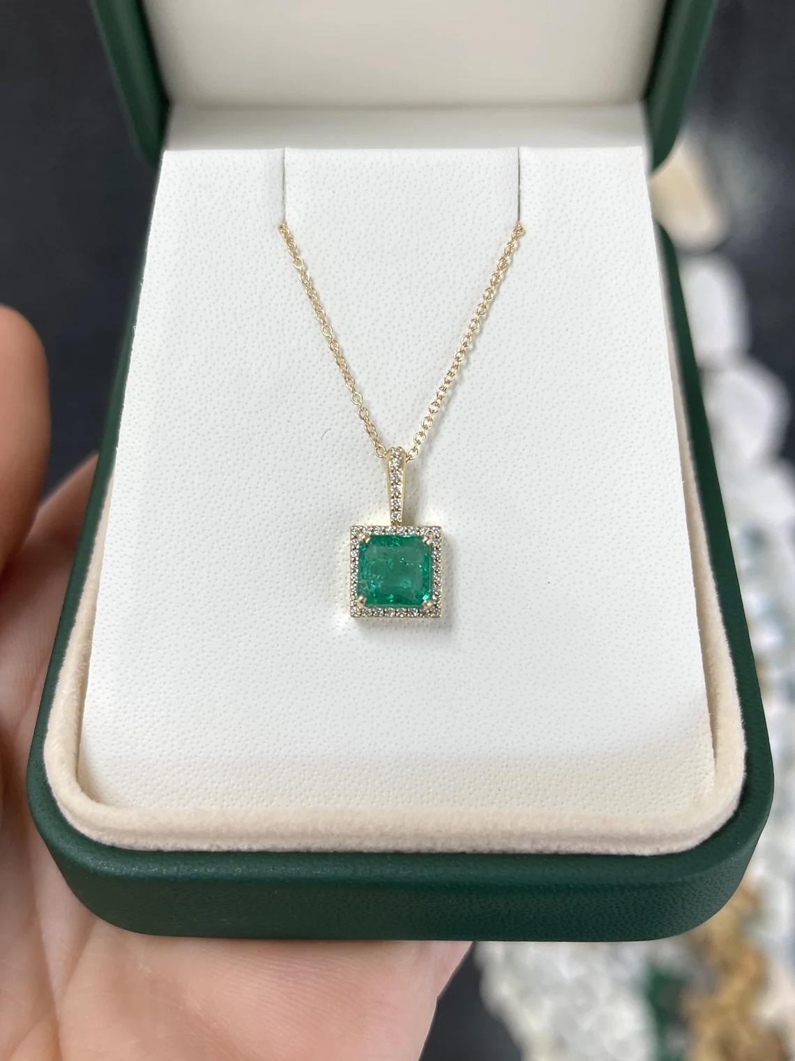 Modern 1.80tcw 14K Medium Green Asscher Emerald & Diamond Halo Gold Pendant Necklace For Sale