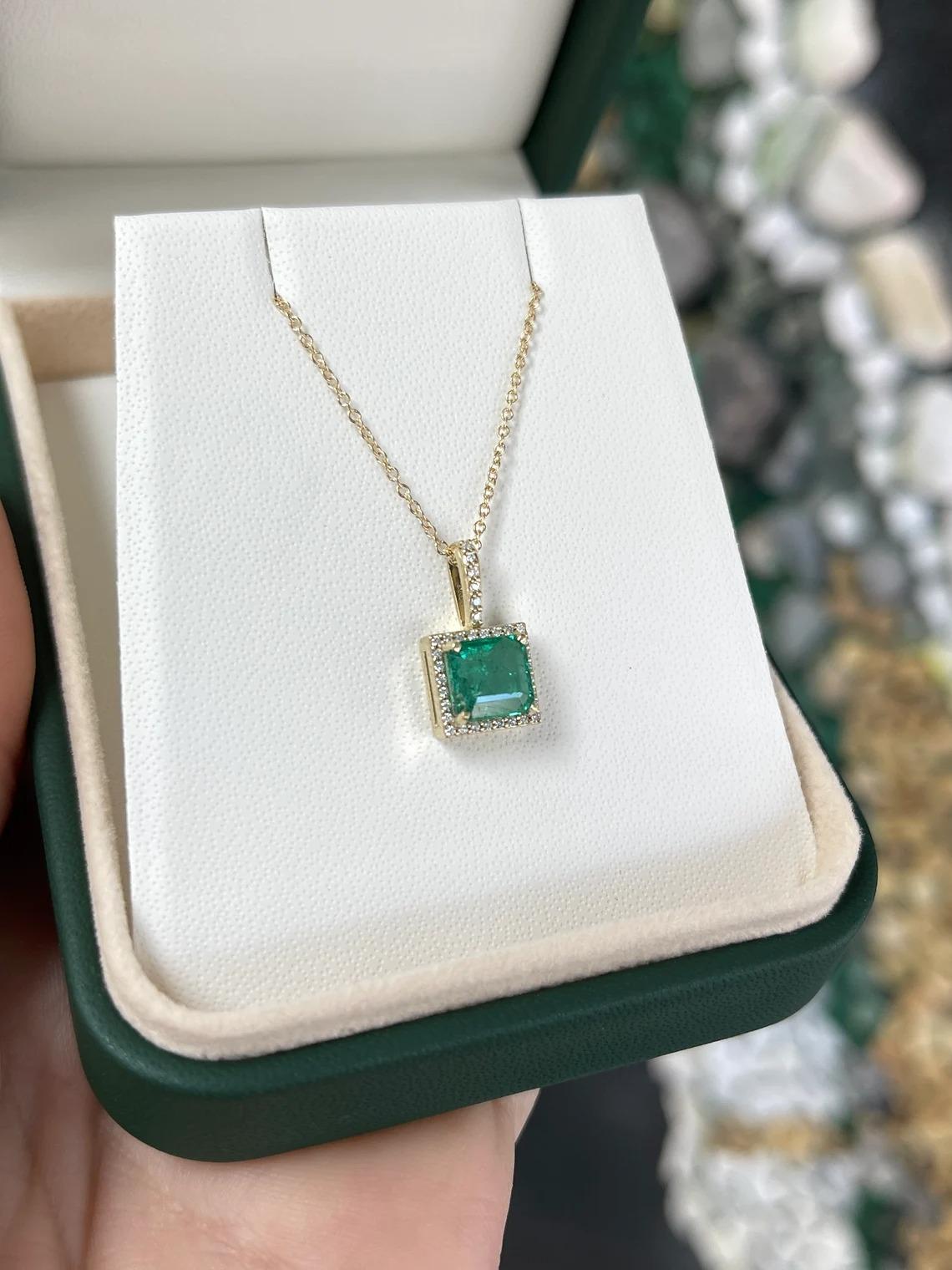 Asscher Cut 1.80tcw 14K Medium Green Asscher Emerald & Diamond Halo Gold Pendant Necklace For Sale