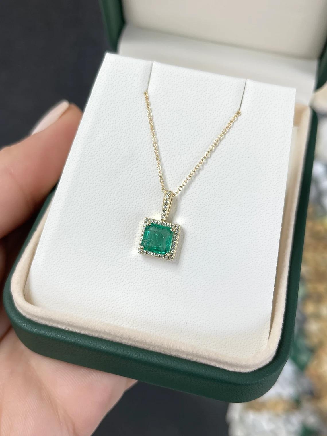 1.80tcw 14K Medium Green Asscher Emerald & Diamond Halo Gold Pendant Necklace In New Condition For Sale In Jupiter, FL