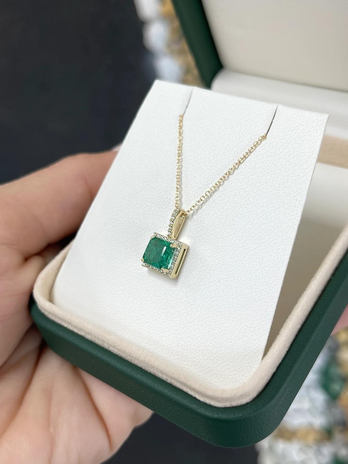 Women's or Men's 1.80tcw 14K Medium Green Asscher Emerald & Diamond Halo Gold Pendant Necklace For Sale