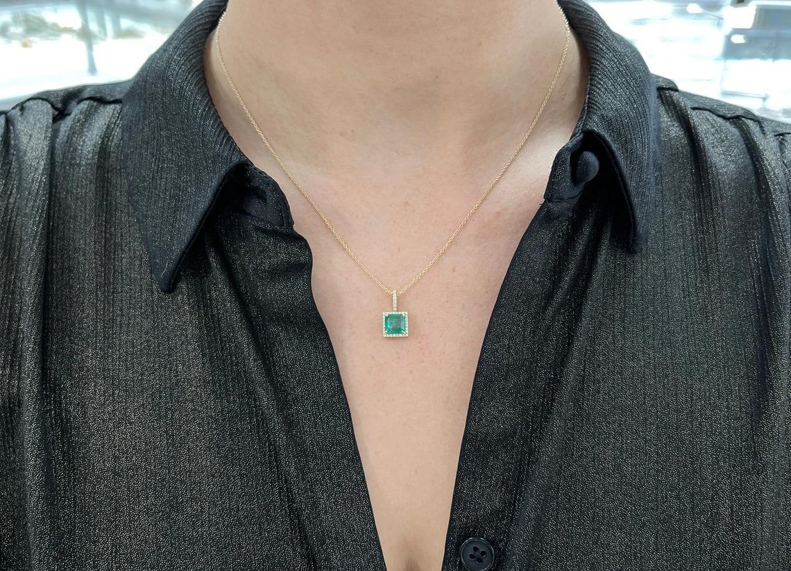 1.80tcw 14K Medium Green Asscher Emerald & Diamond Halo Gold Pendant Necklace For Sale 1