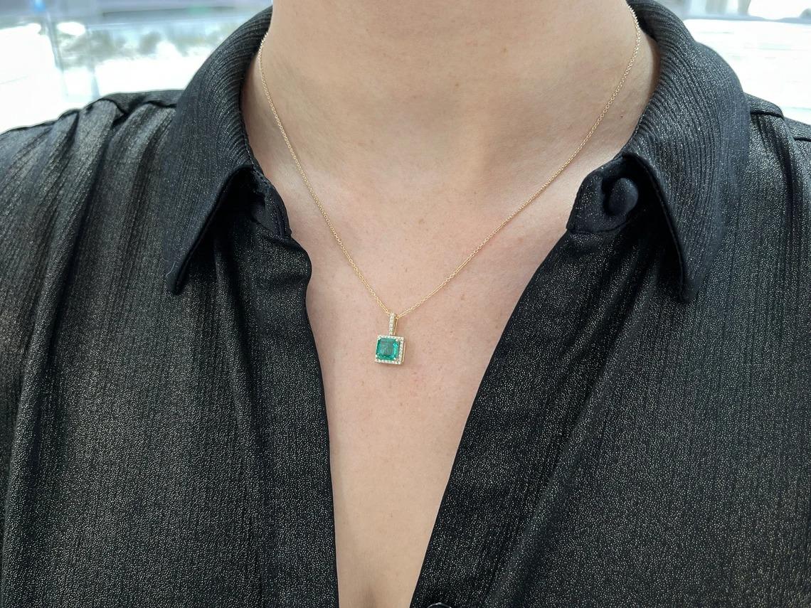 1.80tcw 14K Medium Green Asscher Emerald & Diamond Halo Gold Pendant Necklace For Sale 2