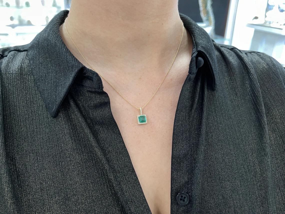 1.80tcw 14K Medium Green Asscher Emerald & Diamond Halo Gold Pendant Necklace For Sale 3