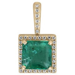 1.80tcw 14K Medium Green Asscher Emerald & Diamond Halo Gold Pendant Necklace