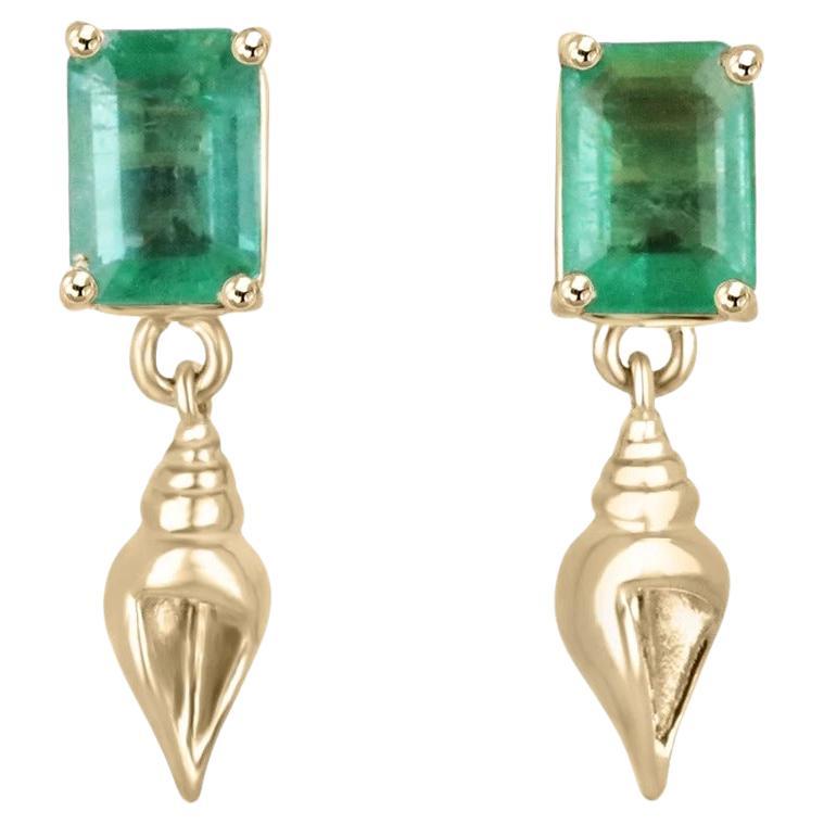1.80tcw 14K Natural Emerald Cut Emerald & Gold Tuba Sea Shell Dangle Earrings For Sale