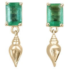 1.80tcw 14K Natural Emerald Cut Emerald & Gold Tuba Sea Shell Dangle Earrings