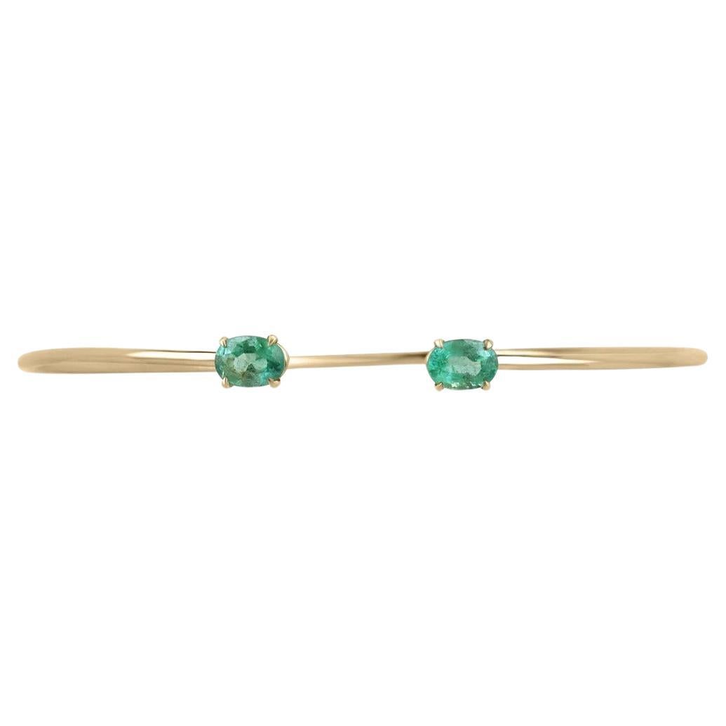 1.80tcw 14K Natural Medium Green Oval Cut Emerald Toi et Moi Cuff Bangle Bracele For Sale