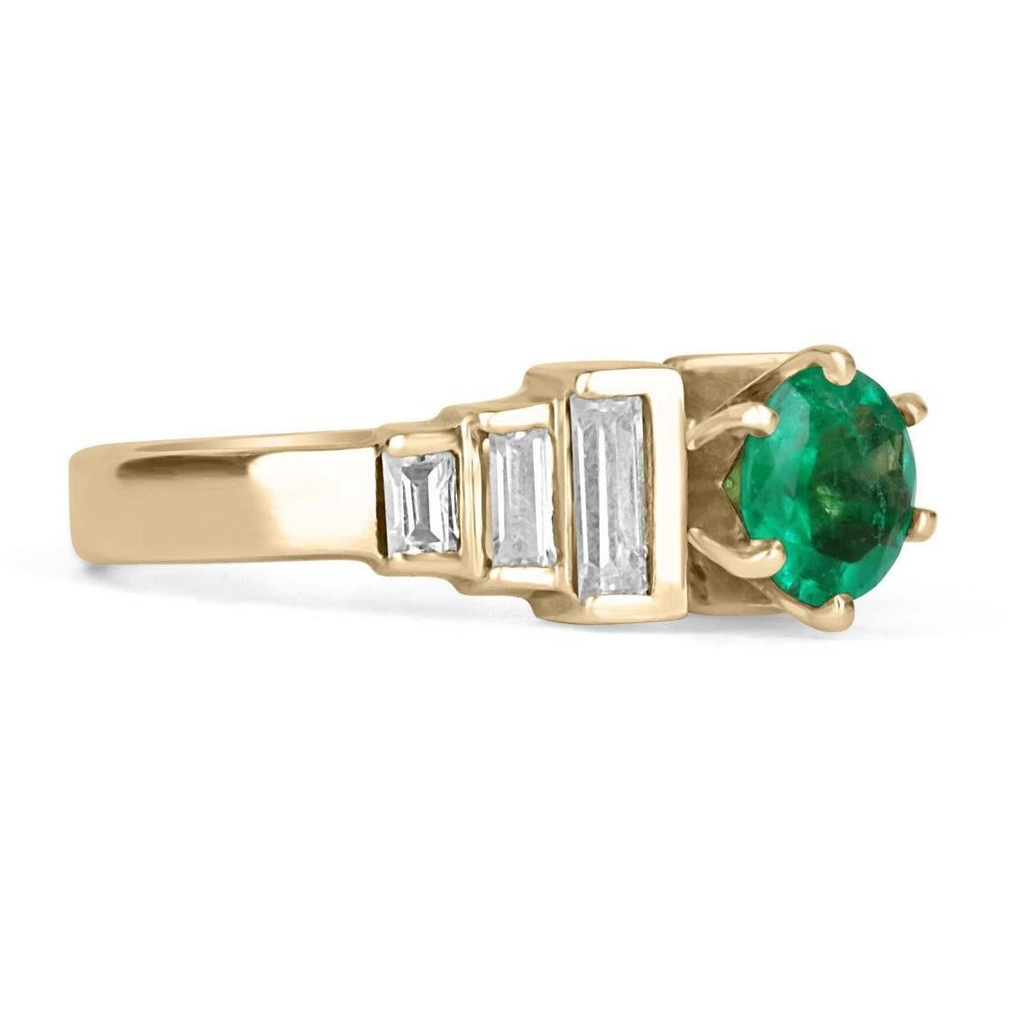 A fantastic, top-quality earth-mined round Colombian emerald and emerald cut diamond engagement ring. Handcrafted in ever luxurious solid 14k, this ring features a breathtaking round-cut Colombian emerald that weighs 1.0cts and is set in a classic 6