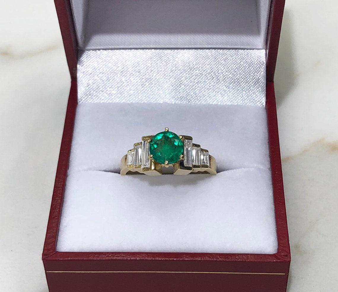 Women's 1.80tcw 14K Round Colombian Emerald & Diamond Baguette Accent Gold Ring For Sale