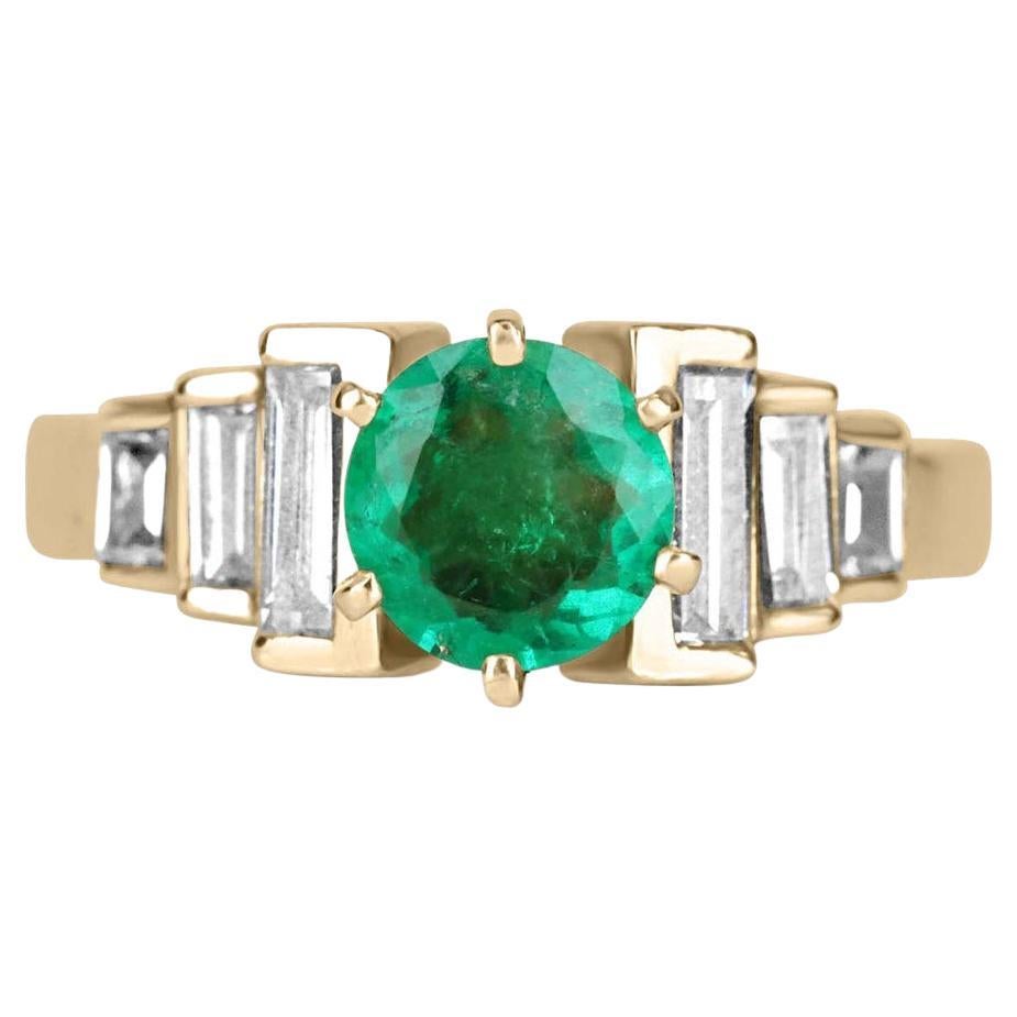 1.80tcw 14K Round Colombian Emerald & Diamond Baguette Accent Gold Ring For Sale