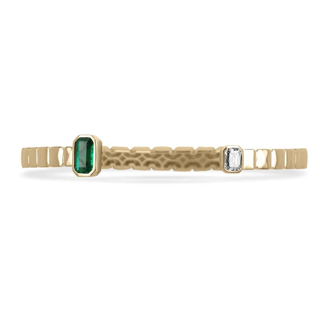 Setting Style: Bezel
Setting Material: 18K Yellow Gold
Setting Weight: 10.4 Grams

Main Stone: Emerald
Shape: Emerald Cut
Weight: 1.22-Carats AAA Grade
Clarity: Semi-Transparent
Color: Dark Rich Green
Luster: Excellent-Very Good
Treatments: Natural,