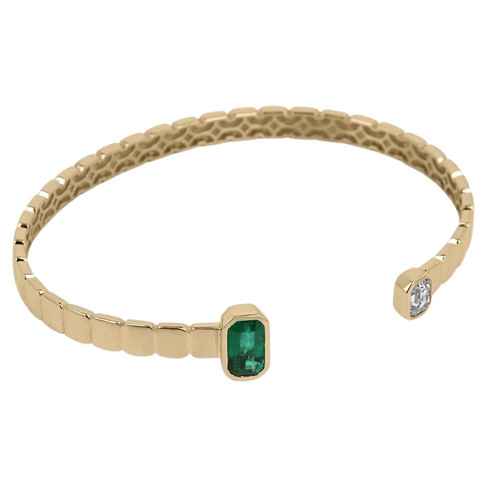 1.80tcw 18K Fine Quality Rich Green Emerald Cut Emerald & Diamond Bangle Bracele For Sale