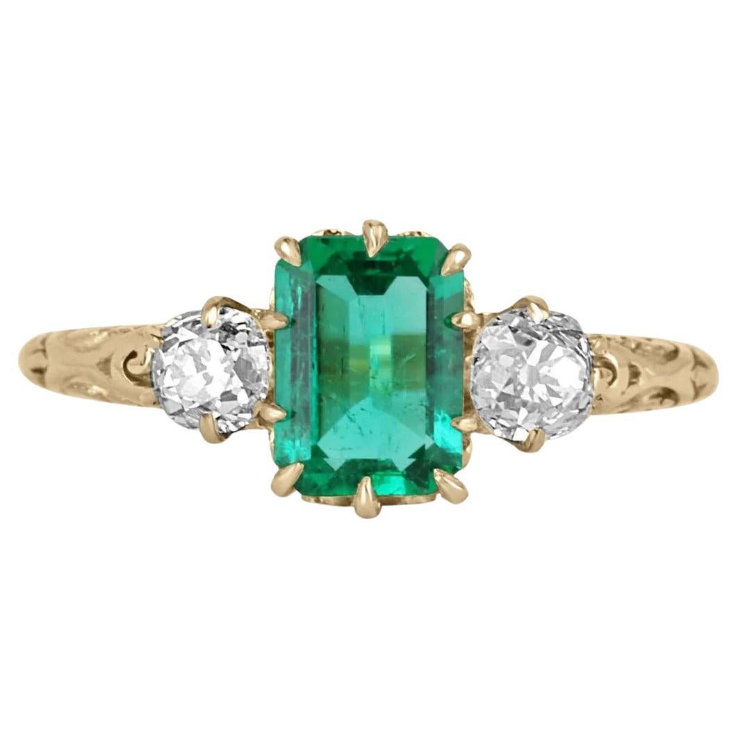 1.80tcw 18K Three Stone Colombian Emerald & Diamond Victorian Carved Ring For Sale
