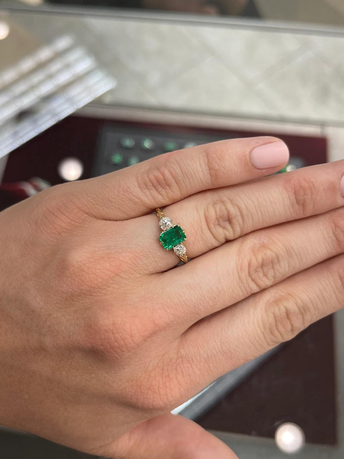Emerald Cut 1.80tcw 18K Victorian Three Stone Emerald & Diamond Carved Three Stone Ring For Sale