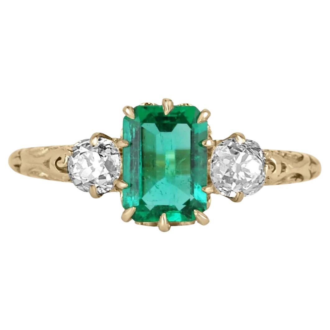 1.80tcw 18K Victorian Three Stone Emerald & Diamond Carved Three Stone Ring For Sale