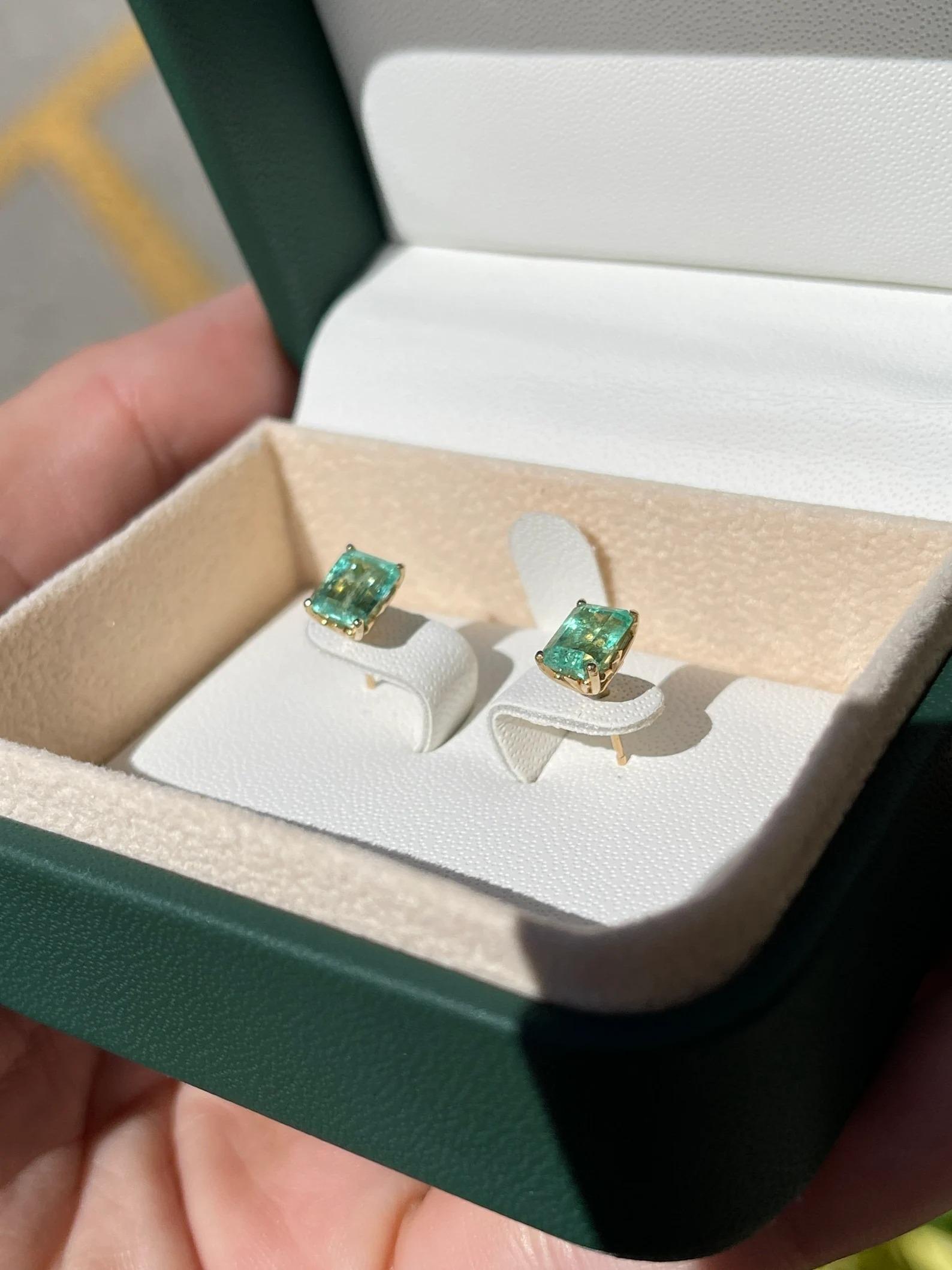 Modern 1.80tcw Colombian Emerald, Emerald Cut Prong Set Stud Earrings 14K For Sale