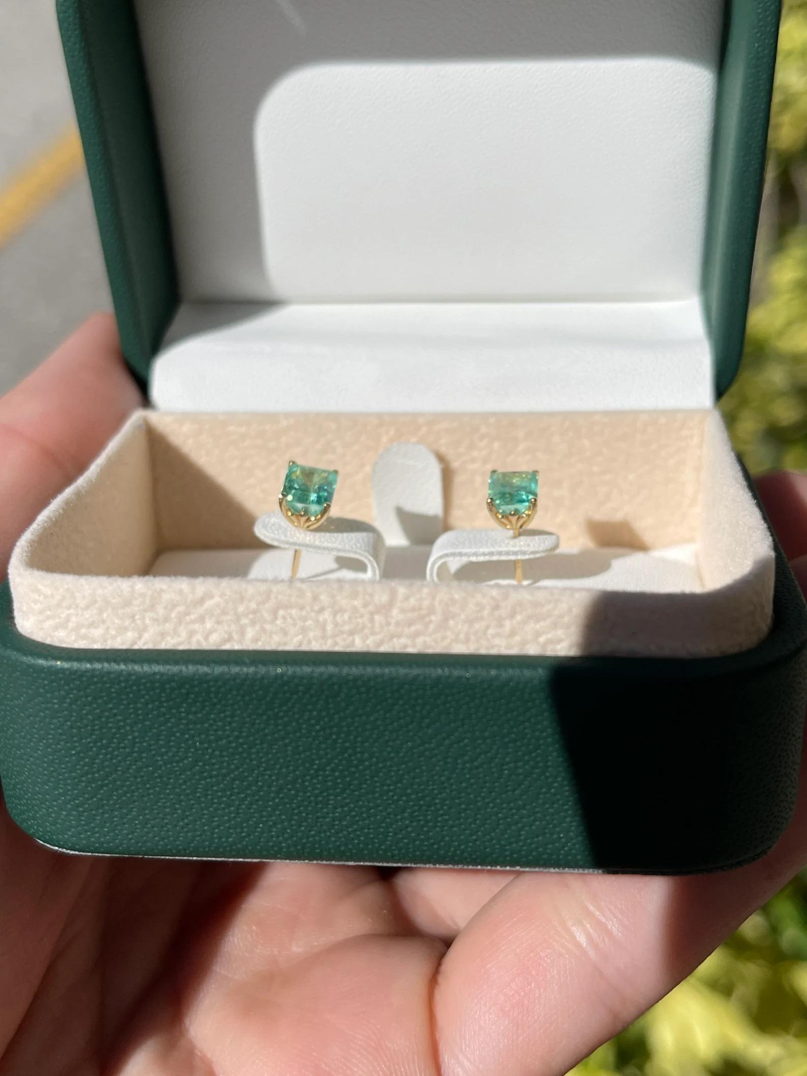 1.80tcw Colombian Emerald, Emerald Cut Prong Set Stud Earrings 14K In New Condition For Sale In Jupiter, FL