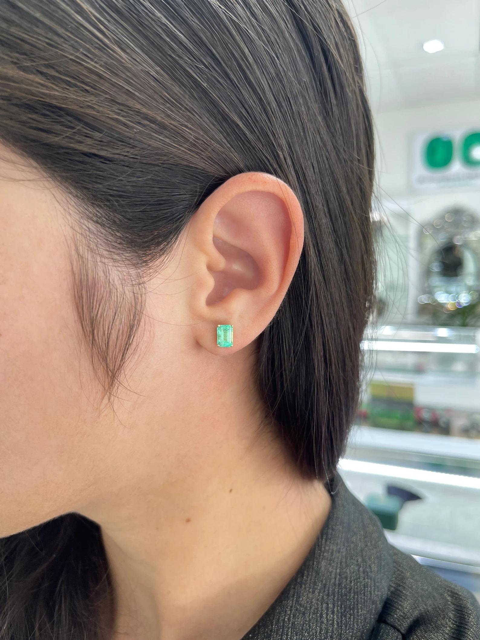 Women's 1.80tcw Colombian Emerald, Emerald Cut Prong Set Stud Earrings 14K For Sale