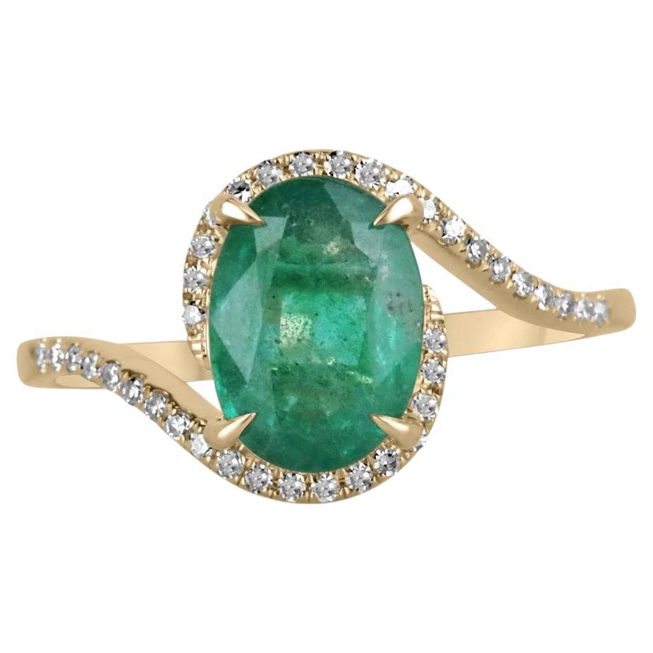1.80tw 14K Natural Oval Cut Emerald & Diamond Accent Bypass Gold Ladies Ring For Sale