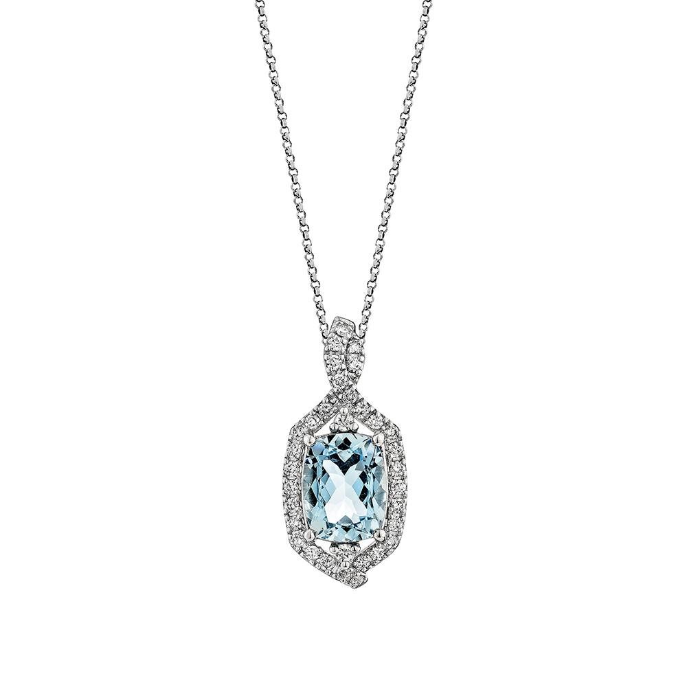 Taglio cuscino Sunita Nahata Acquamarina 1.81ct. Ciondolo in 18KWG con diamante Whiting. in vendita