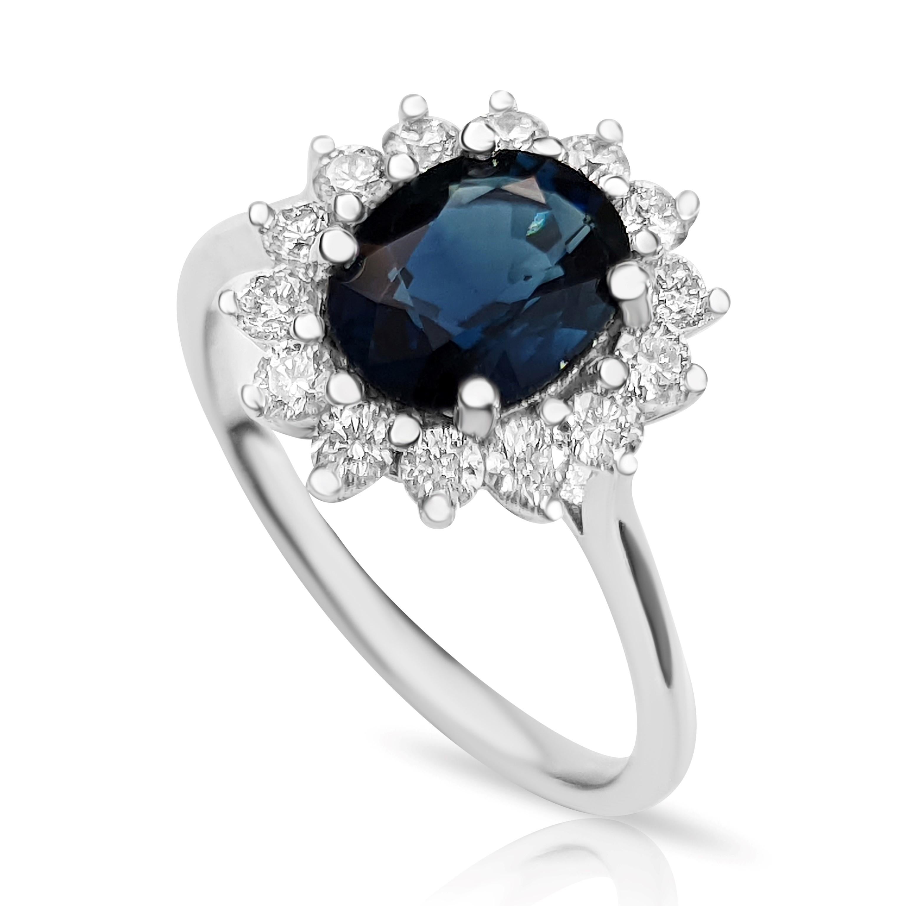 Art Deco 1.81 Carat Blue Sapphire and 0.50 Ct Diamonds, 14 Kt. White Gold, Ring