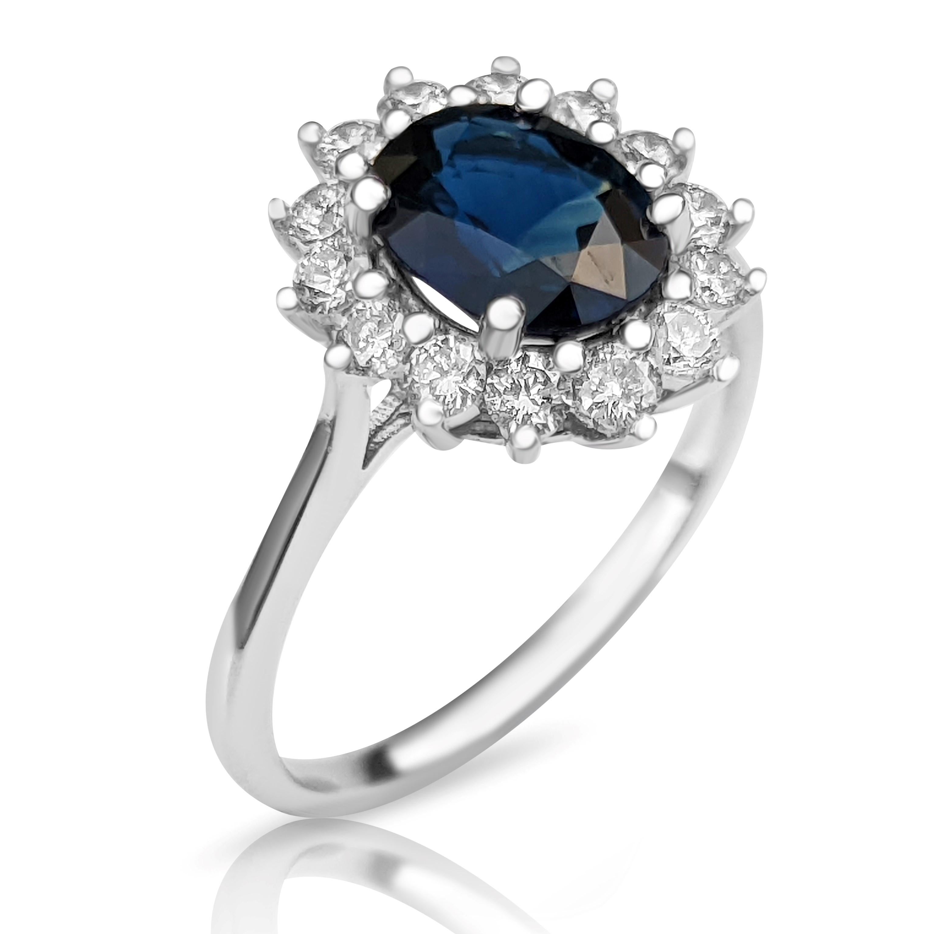 Oval Cut 1.81 Carat Blue Sapphire and 0.50 Ct Diamonds, 14 Kt. White Gold, Ring