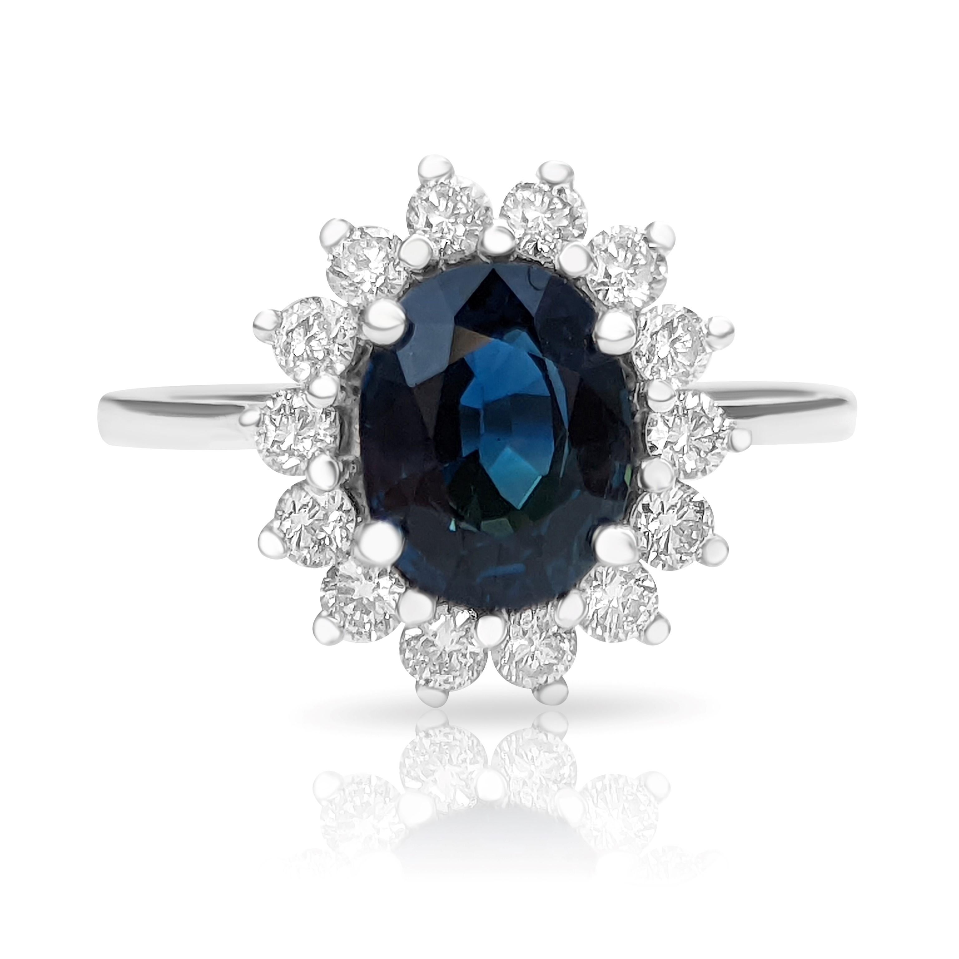 Women's 1.81 Carat Blue Sapphire and 0.50 Ct Diamonds, 14 Kt. White Gold, Ring