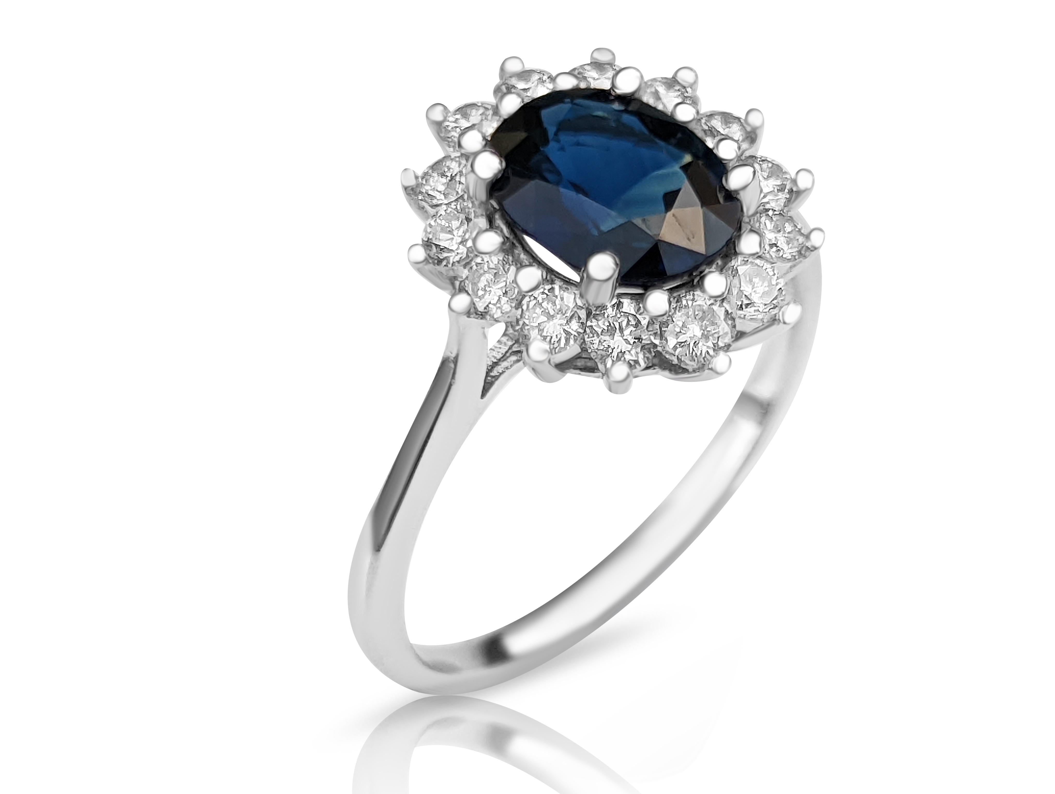 Art Deco 1.81 Carat Blue Sapphire and 0.50 Ct Diamonds Ring, 14 Kt. White Gold, Ring