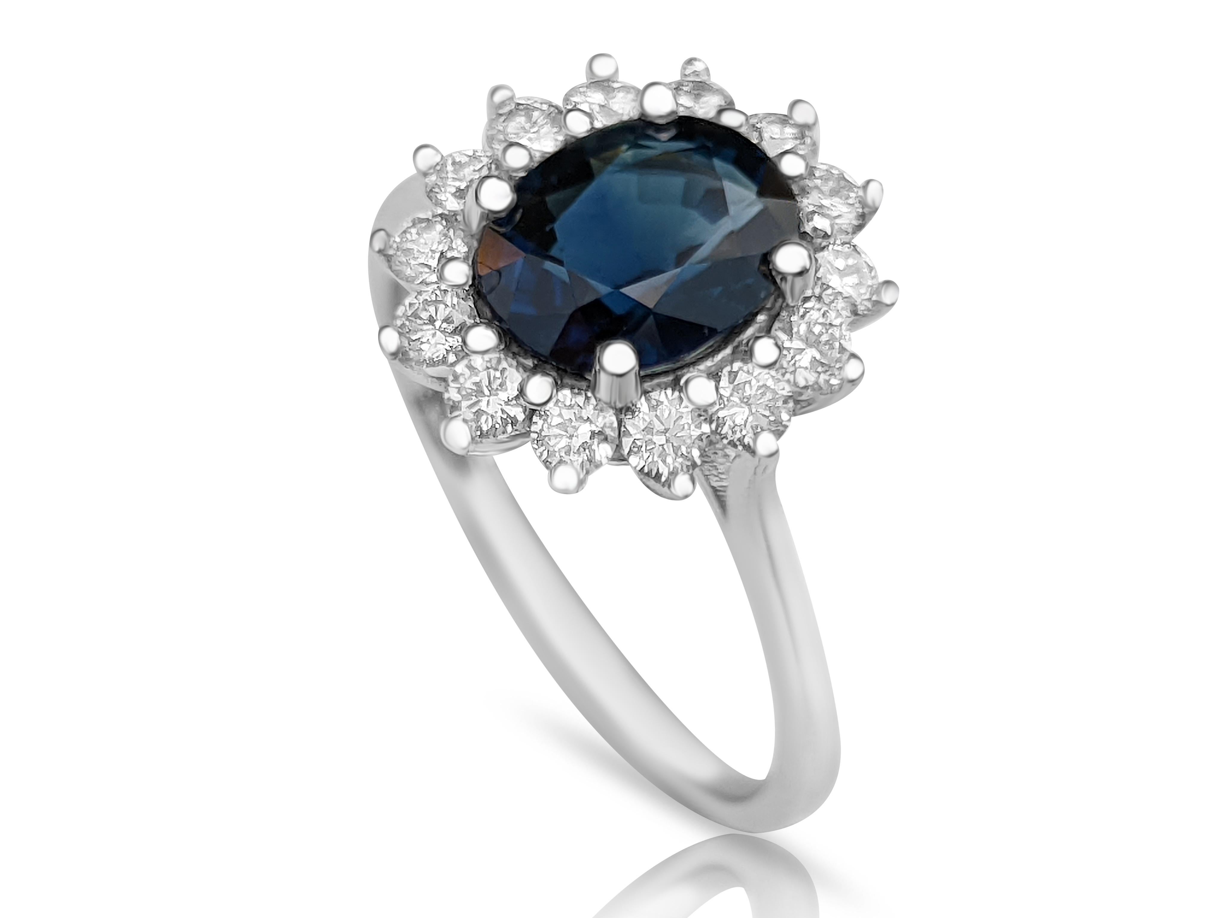Women's 1.81 Carat Blue Sapphire and 0.50 Ct Diamonds Ring, 14 Kt. White Gold, Ring