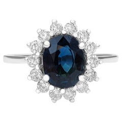 1.81 Carat Blue Sapphire and 0.50 Ct Diamonds Ring, 14 Kt. White Gold, Ring