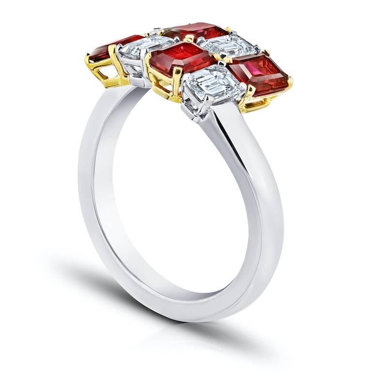 Four Natural No Heat Emerald Cut Rubies weighing 1.81 carats and four emerald cut diamonds (D-F/ VVS)  weighing 1.07 carats.  Set in a hand made platinum and 18k yellow gold ring.
