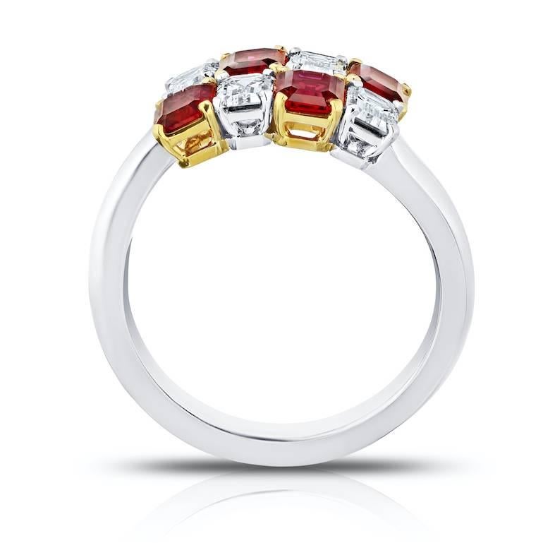 Contemporary 1.81 Carat Emerald Cut Red Ruby and Diamond Platinum and 18k Crossover Ring