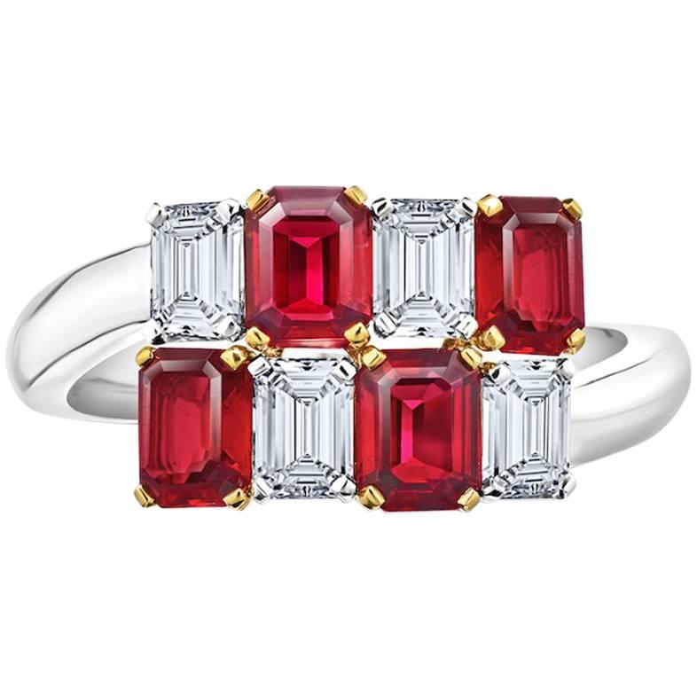 1.81 Carat Emerald Cut Red Ruby and Diamond Platinum and 18k Crossover Ring