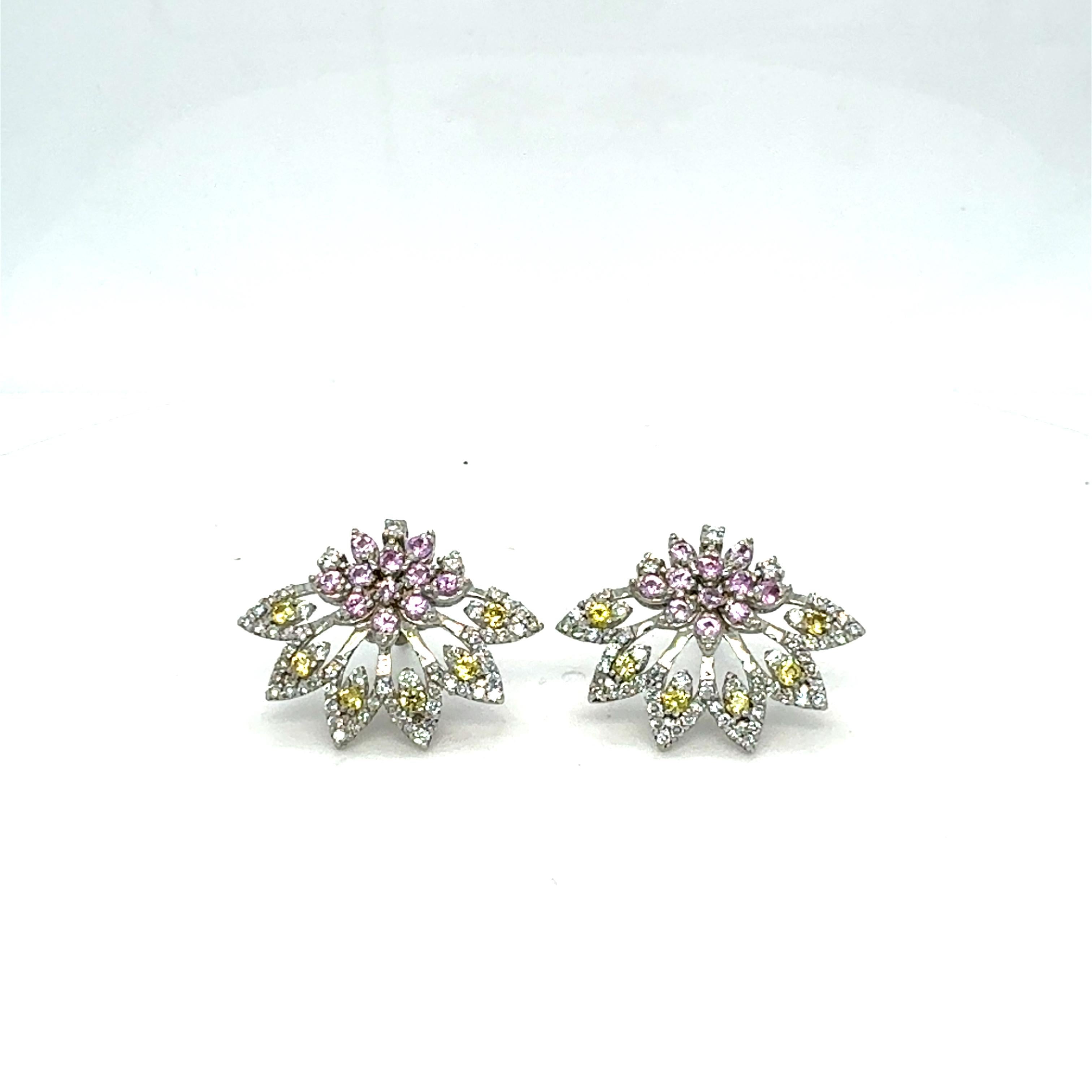 1.81 Carat Multi Color Sapphire Diamond 14 Karat White Gold Earrings

These earrings have Natural Yellow and Pink Sapphires that weigh approximately 1.03 Carats and Natural Round Cut Diamonds that weigh 0.78 Carats. The total carat weight of the
